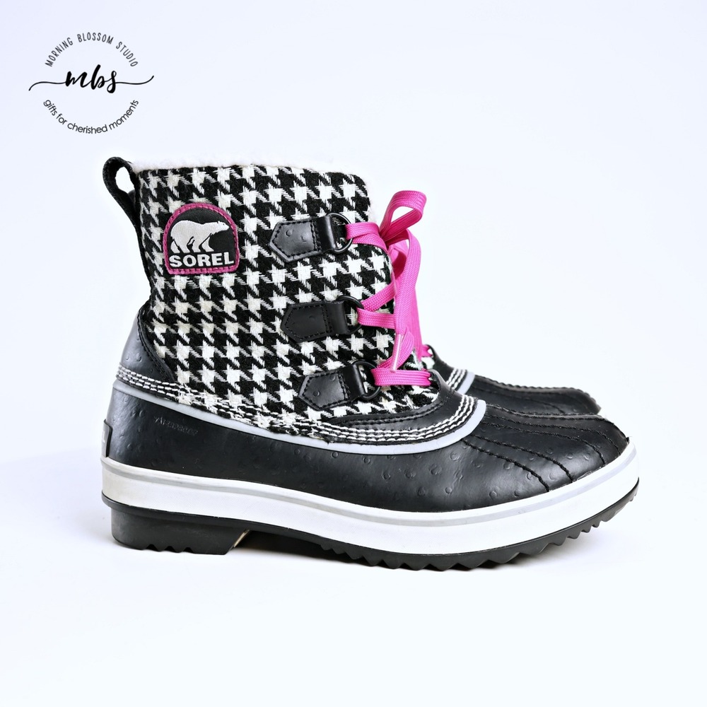 Sorel Houndstooth Waterproof Winter Duck Boots Black White Pink Women 8.5